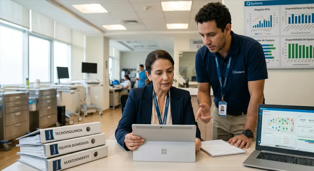Profesionales del departamento de ingeniería clínica revisan en una tablet un dashboard de gestión de mantenimiento con equipos biomédicos al fondo, ideal para ilustrar un CMMS para proveedores.