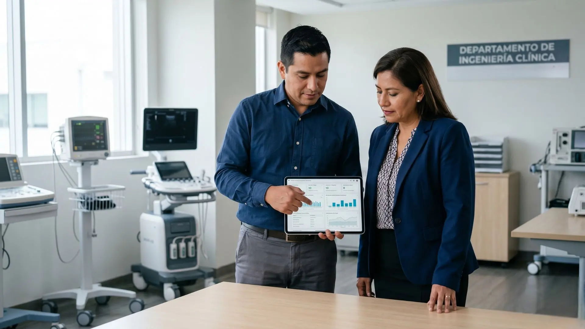 Profesionales del departamento de ingeniería clínica revisan en una tablet un dashboard de gestión de mantenimiento con equipos biomédicos al fondo, ideal para ilustrar un CMMS para proveedores.