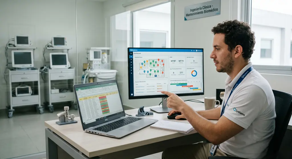 Profesional de ingeniería clínica usando un CMMS para proveedores para monitorear inventario hospitalario y mantenimiento biomédico desde un dashboard.