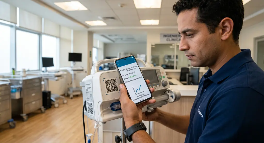 Profesional de ingeniería clínica usando un sistema CMMS para proveedores en una bomba de infusión con código QR para consultar mantenimiento y trazabilidad del equipo médico.
