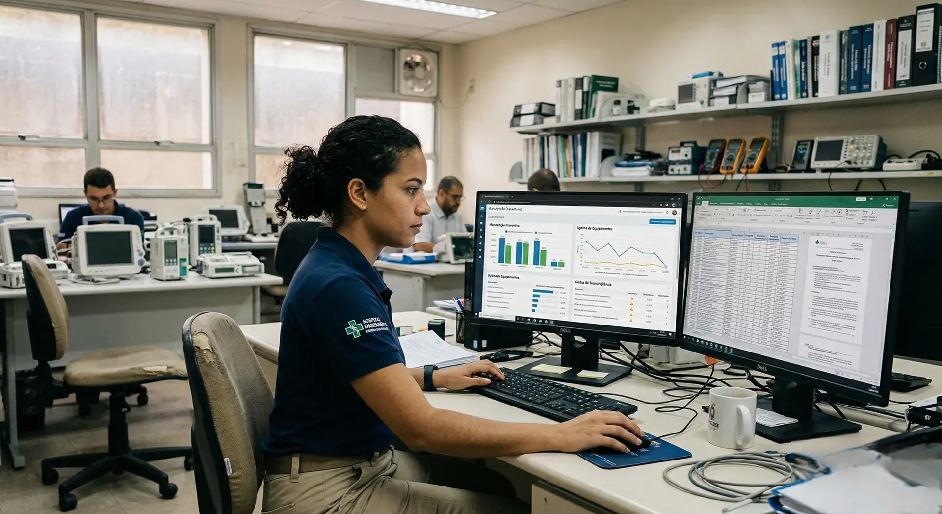 ECRI en hospitales: profesional biomédica analiza datos para gestionar riesgos, trazabilidad y seguridad de la tecnología médica