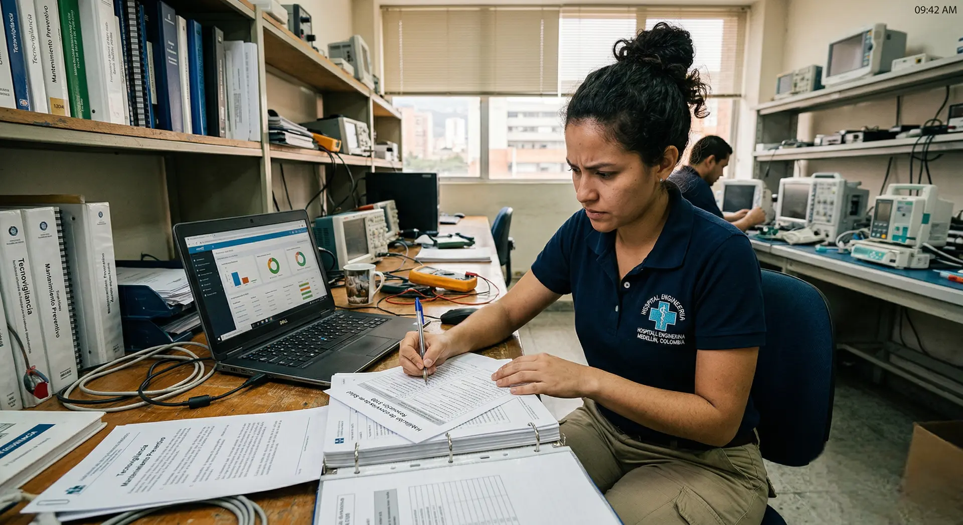 ECRI en ingeniería clínica: profesional biomédica revisa documentación, indicadores y registros técnicos para gestionar riesgos hospitalarios