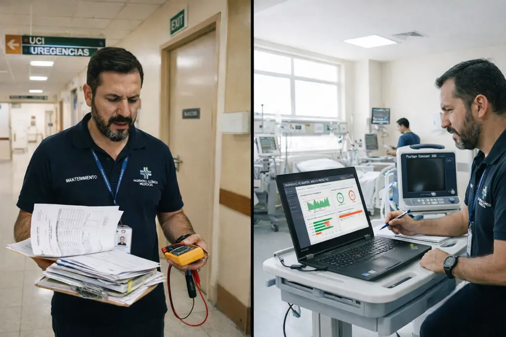 ECRI en hospitales: profesional de ingeniería clínica monitorea riesgo clínico, trazabilidad y estado de equipos biomédicos