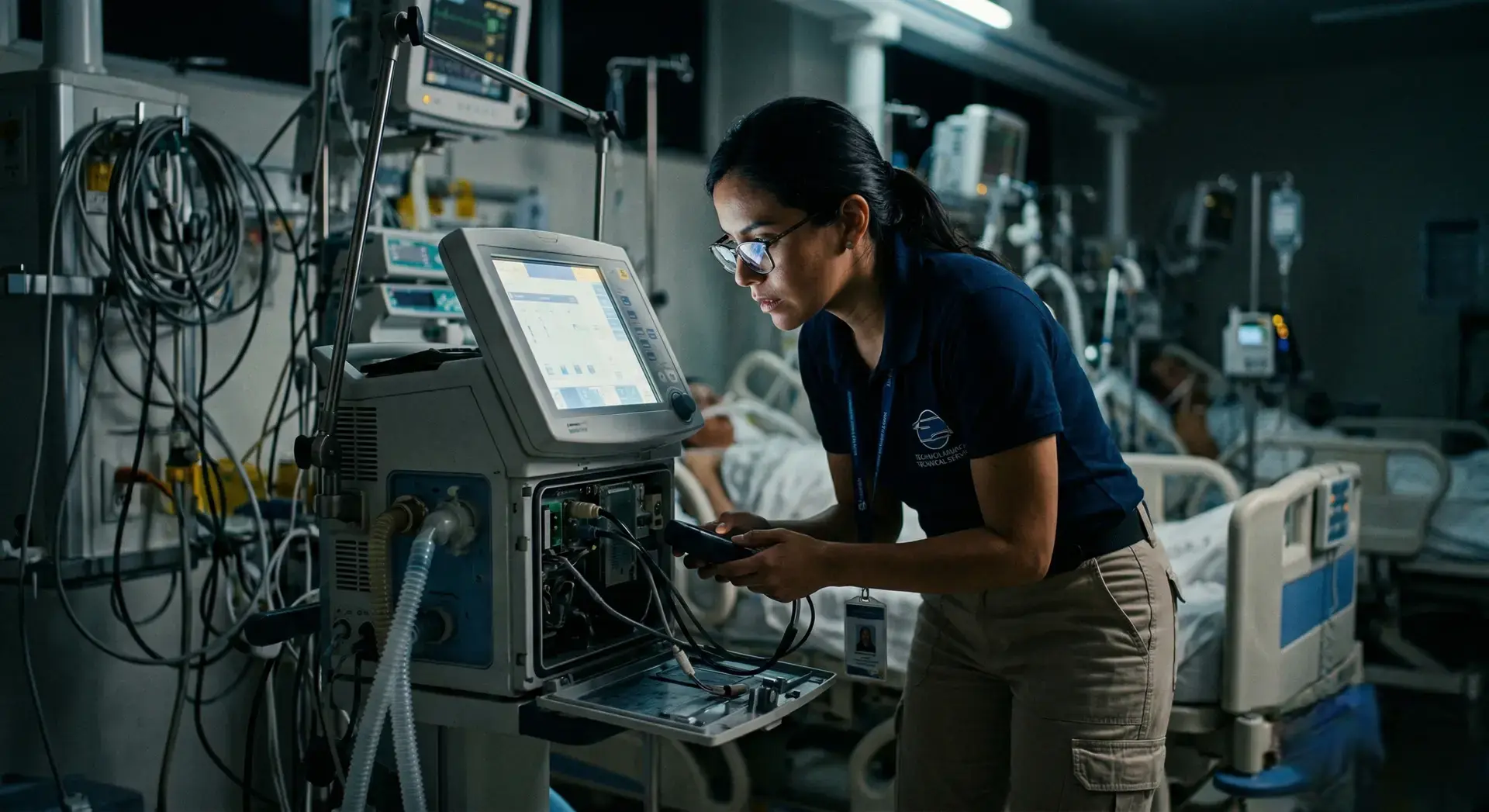 ECRI en hospitales: ingeniera biomédica revisa un ventilador mecánico para prevenir riesgos clínicos y fallas en tecnología médica