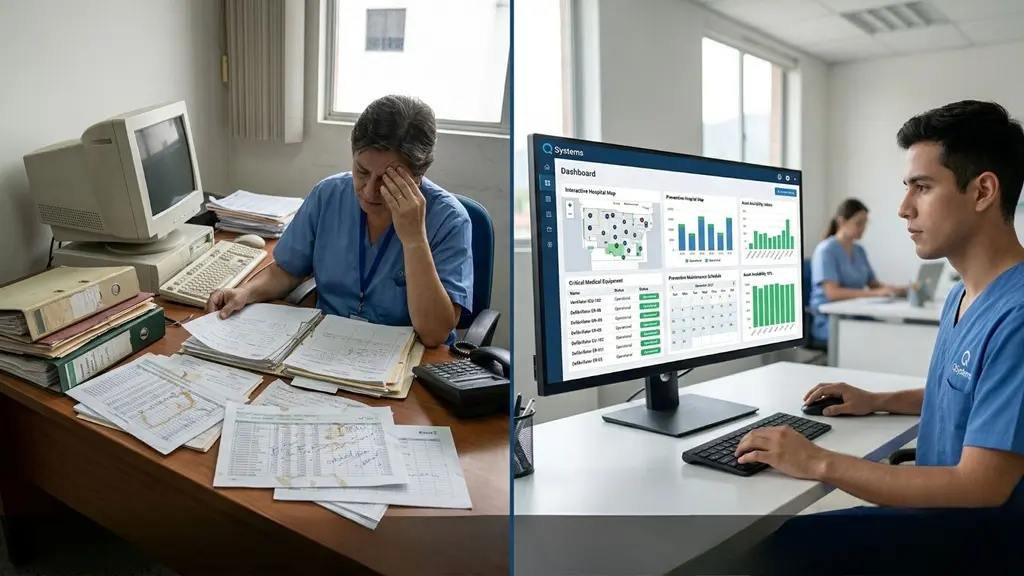 Requisitos legales hoja de vida equipos médicos Colombia: comparación entre gestión manual en papel y sistema digital con trazabilidad