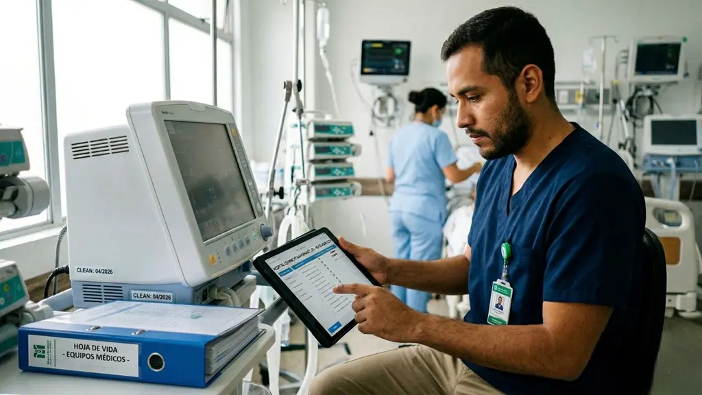 Requisitos legales hoja de vida equipos médicos Colombia: profesional biomédico verifica equipo y registra información en tablet con carpeta de soporte