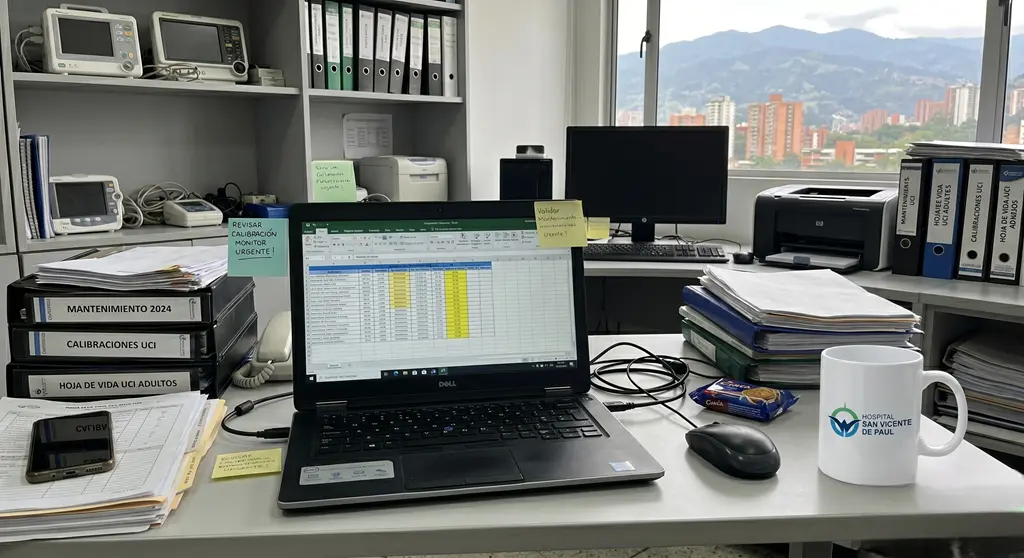 Profesional de ingeniería clínica revisando registros de mantenimiento, hojas de vida y calibraciones de equipos biomédicos para cumplimiento de la Resolución 3100.