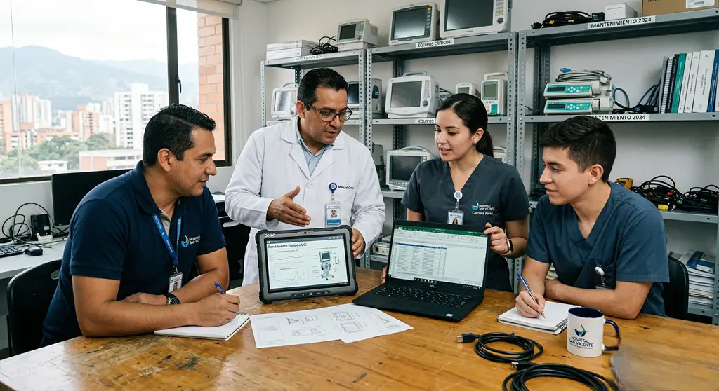 Equipo de ingeniería clínica revisando mantenimiento de equipos biomédicos en hospital según Resolución 3100.