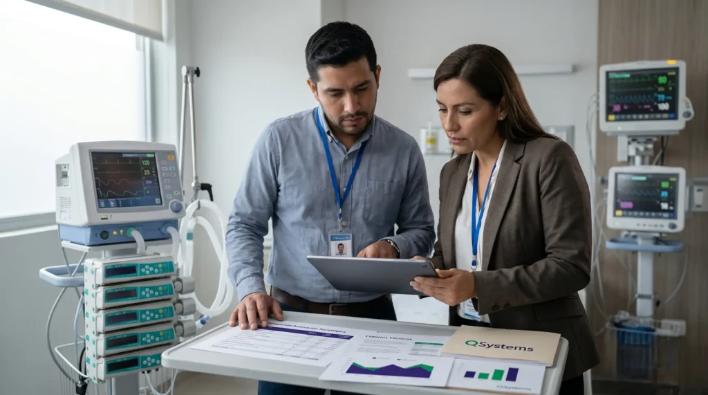 Profesionales revisan en tablet el mantenimiento de equipos biomédicos para cumplir la Resolución 3100 en una institución de salud.