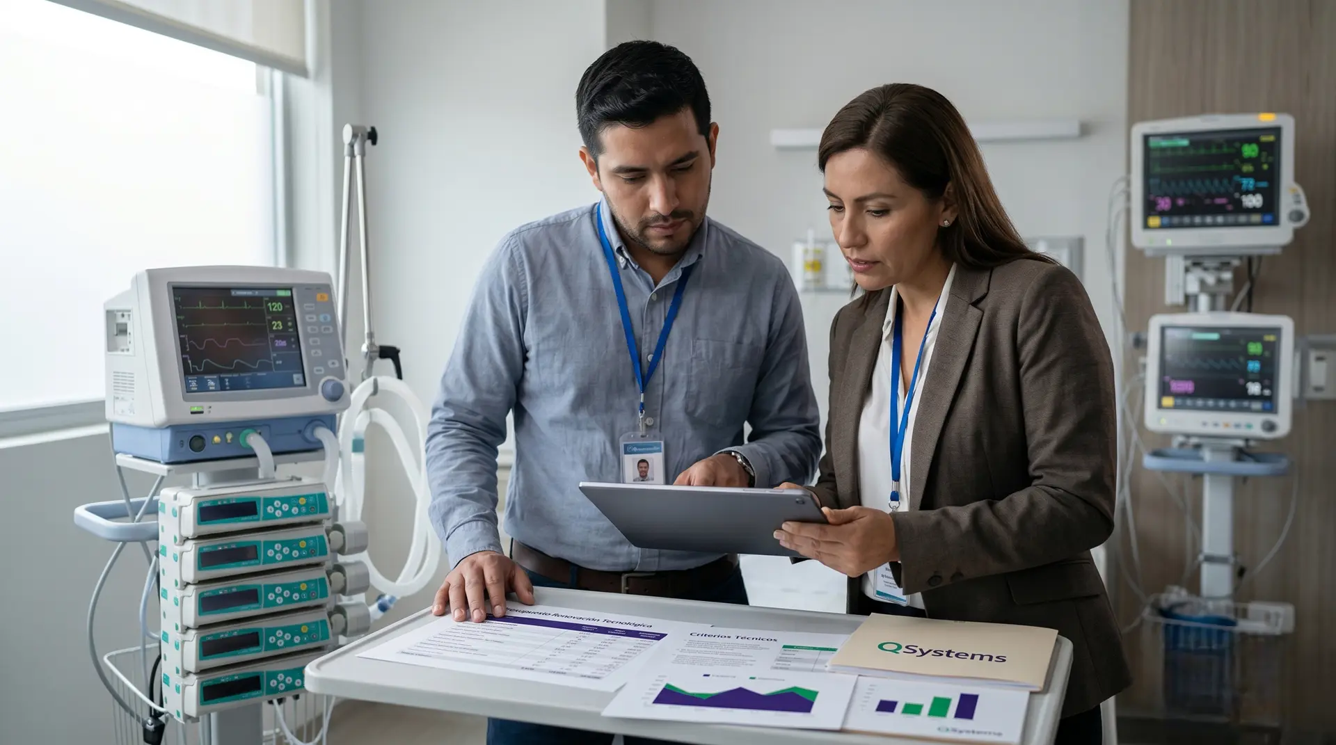 Profesionales revisan en tablet el mantenimiento de equipos biomédicos para cumplir la Resolución 3100 en una institución de salud.