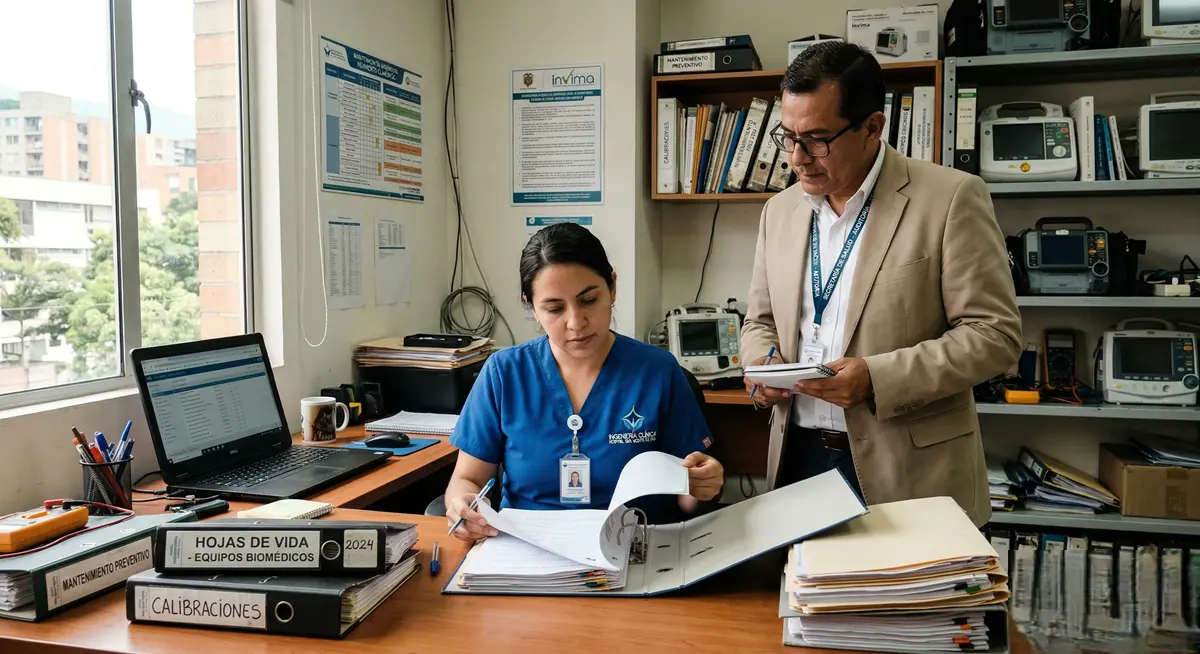 Profesionales de ingeniería clínica revisando hojas de vida, calibraciones y mantenimiento preventivo de equipos biomédicos para cumplimiento de la Resolución 3100 en Colombia.