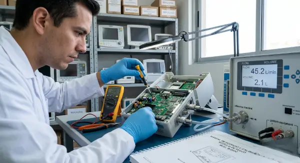 Ingeniero biomédico realizando mantenimiento de equipo médico en taller hospitalario, en contexto de cumplimiento de la Resolución 3100 mantenimiento.