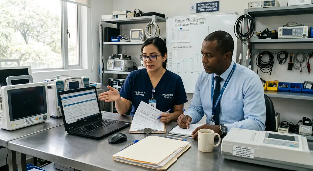 Profesionales de ingeniería clínica revisando software para inventario hospitalario y documentación técnica en un área de mantenimiento biomédico.