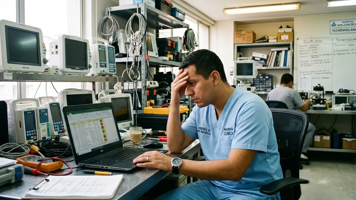 Ingeniero clínico revisando en Excel el inventario de equipos médicos en un taller biomédico rodeado de monitores, bombas de infusión y dispositivos hospitalarios.