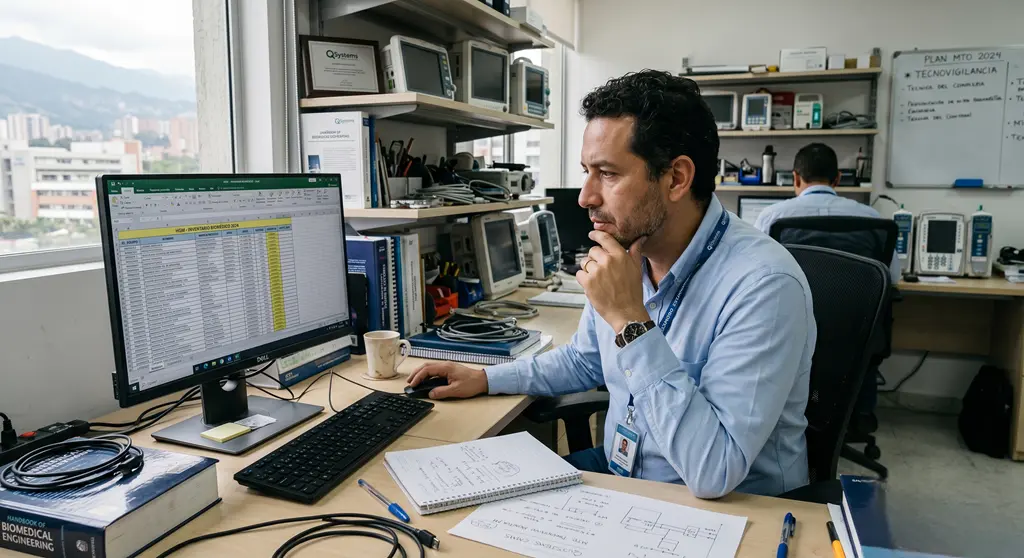 Ingeniero clínico usando software para inventario hospitalario en estación de trabajo con equipos biomédicos y base de datos centralizada.