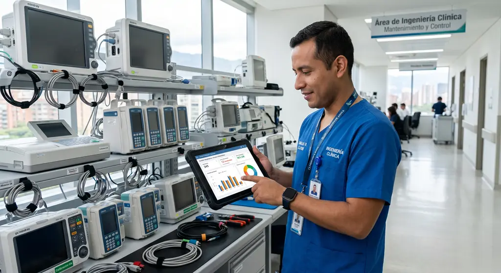 Ingeniero clínico usando software para inventario hospitalario en tablet frente a equipos médicos en área de ingeniería clínica.