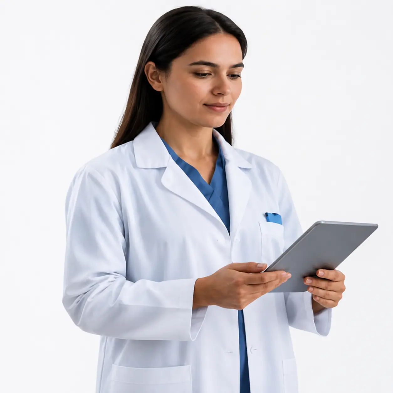 Profesional de ingeniería clínica revisando información en tablet