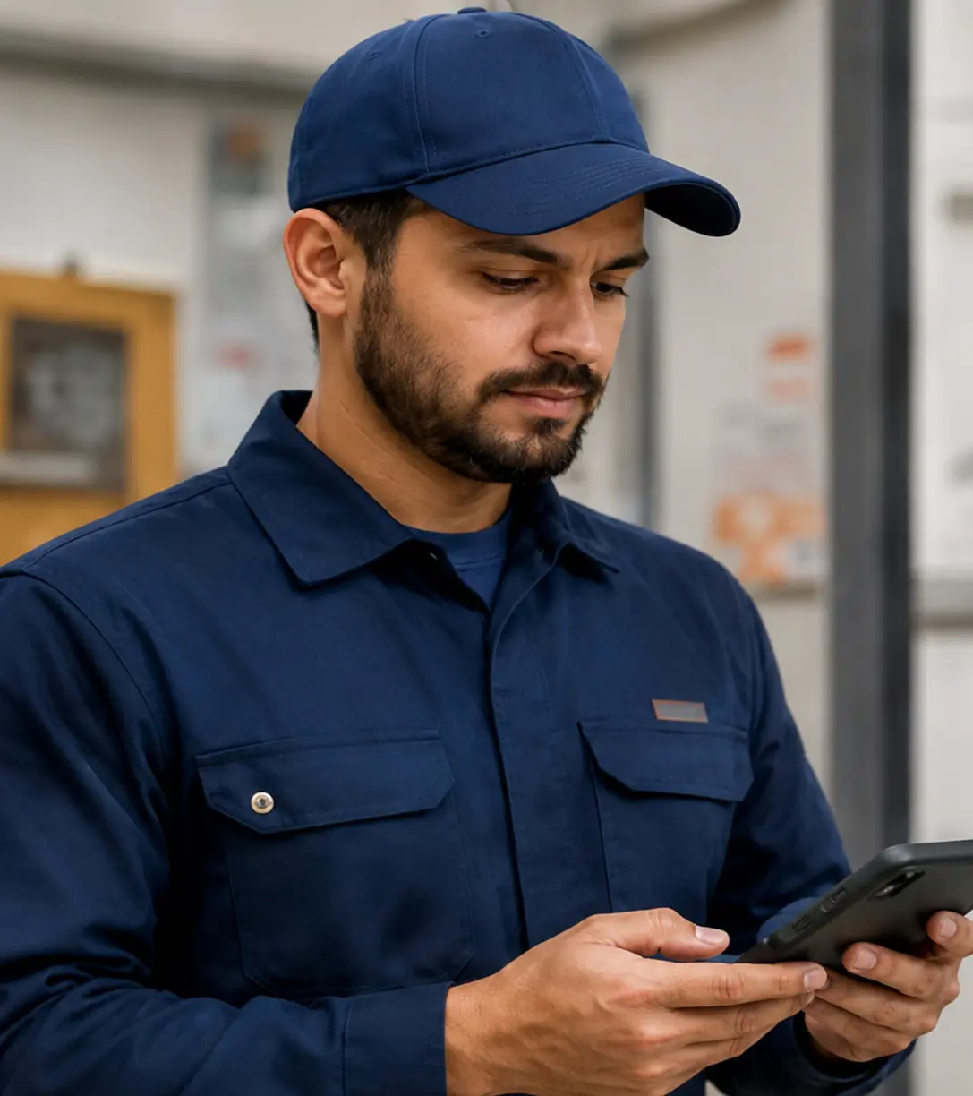 Técnico proveedor consultando órdenes de trabajo en tablet
