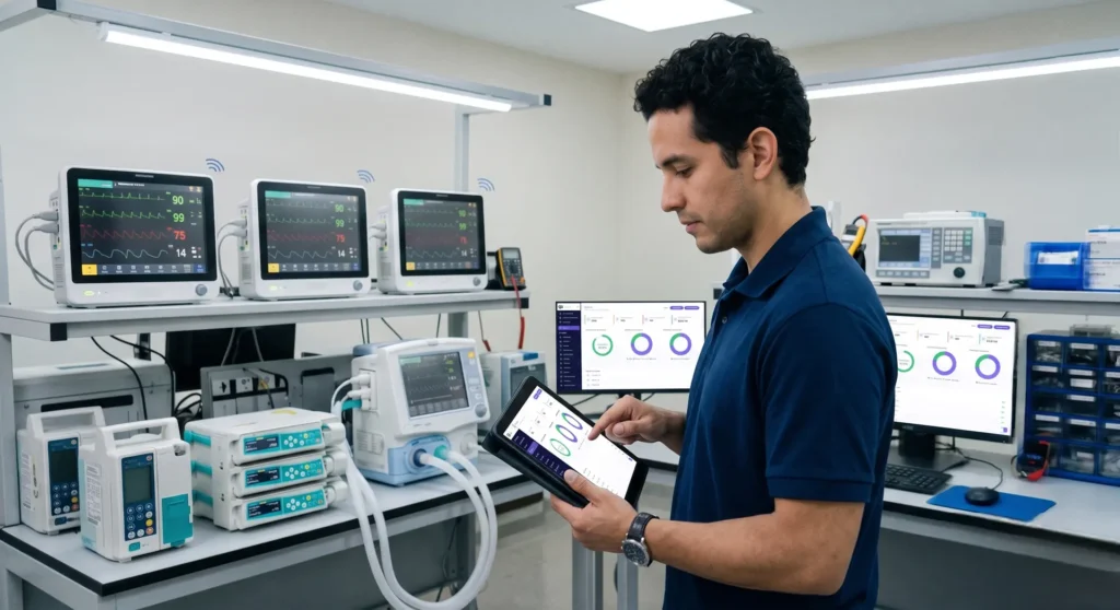 Técnico revisando equipos biomédicos conectados como parte de una estrategia de Ciberseguridad Médica hospitalaria
