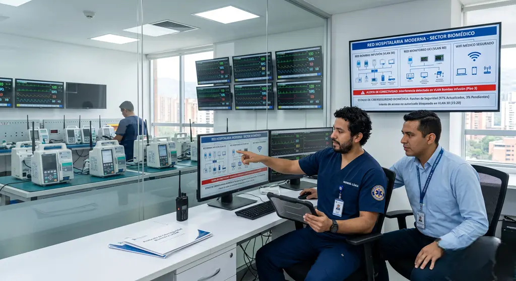Ciberseguridad Médica en red hospitalaria con equipos biomédicos conectados y monitoreo de alertas técnicas.
