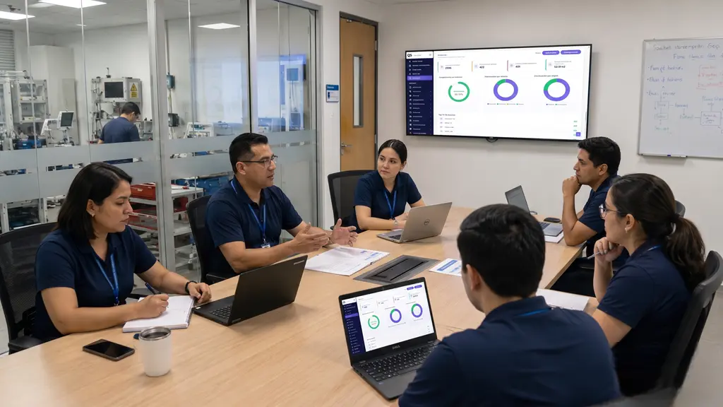 Ingeniero clínico 2026 liderando reunión con dashboard QS para gestión hospitalaria