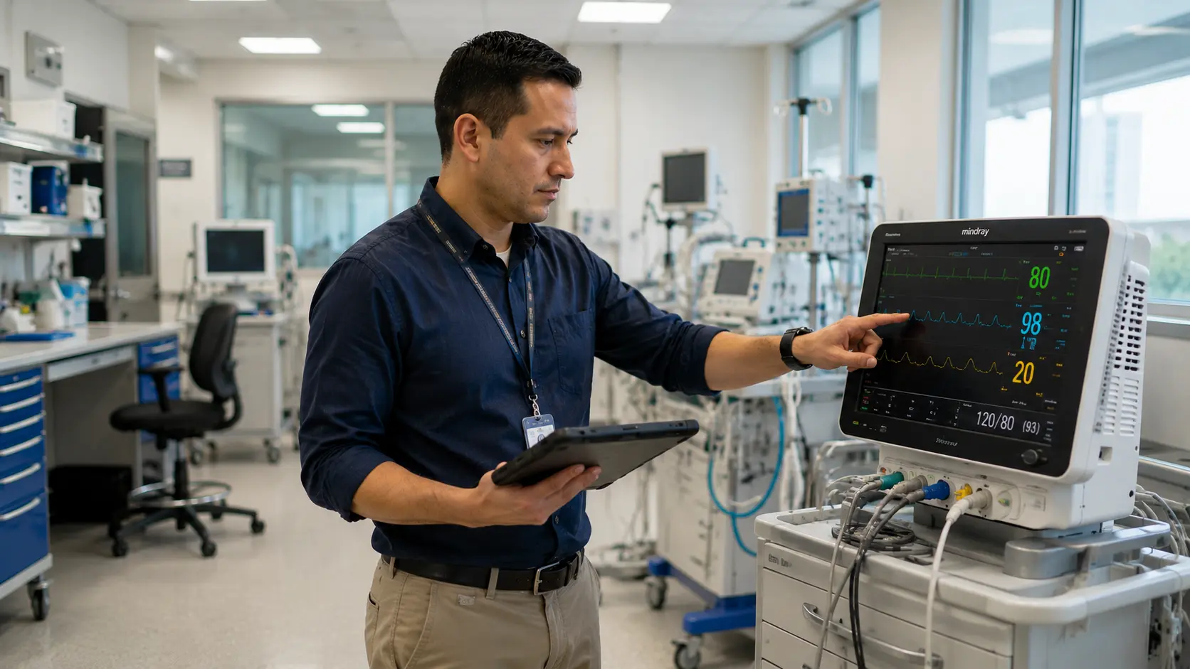 Ingeniero clínico 2026 revisando parámetros de un monitor biomédico y registrando datos para la gestión tecnológica hospitalaria.