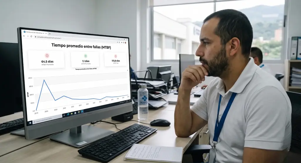 Ingeniero biomédico analiza indicadores MTBF para optimizar el mantenimiento en equipos biomédicos y la disponibilidad hospitalaria.