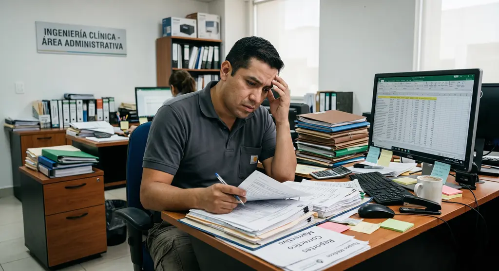 Profesional de ingeniería clínica revisa documentos y una hoja de cálculo para gestionar el mantenimiento en equipos biomédicos en un hospital