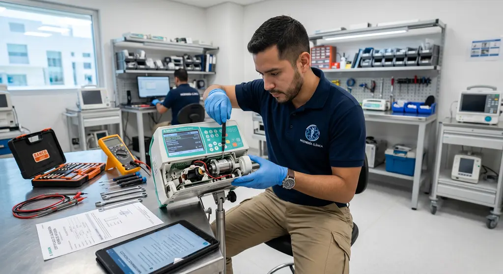 Ingeniero clínico realizando mantenimiento en equipos biomédicos en laboratorio hospitalario con herramientas técnicas, multímetro, tablet y documentación.