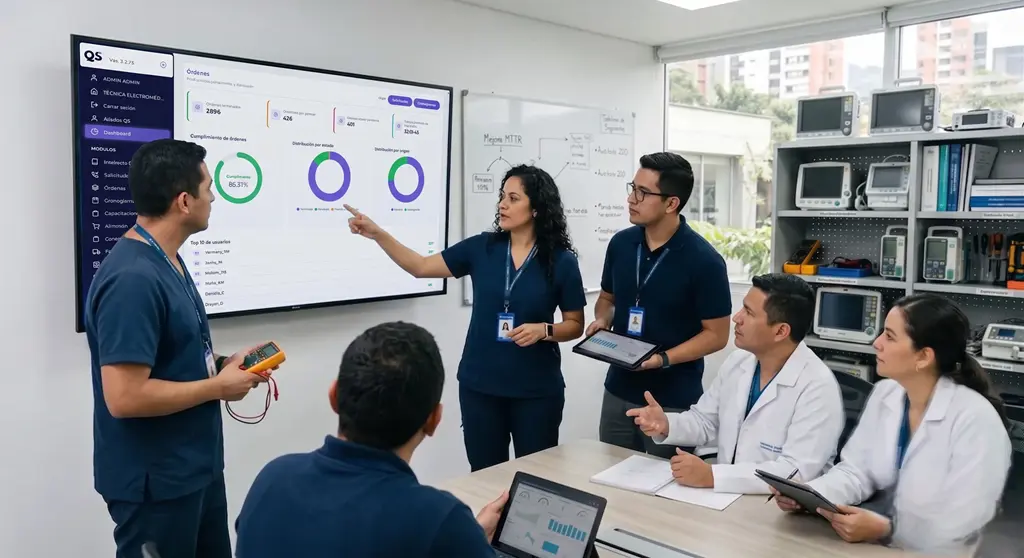 Equipo de ingeniería clínica analiza un dashboard QS para aplicar normas ISO 9001 e ISO 13485 en la gestión de calidad hospitalaria.