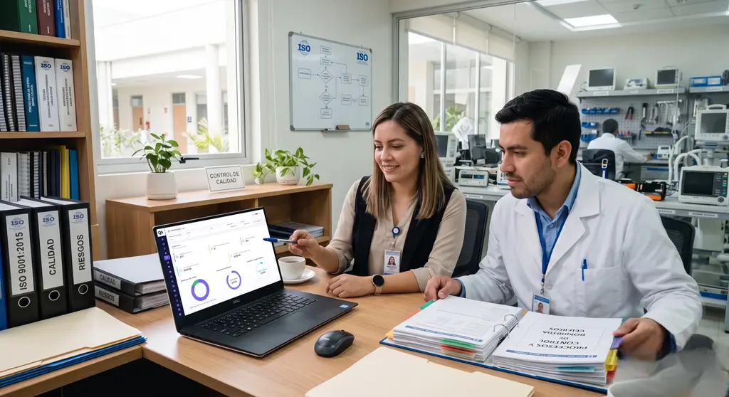 Profesionales de ingeniería clínica revisan un dashboard de calidad basado en normas ISO 9001 e ISO 13485.