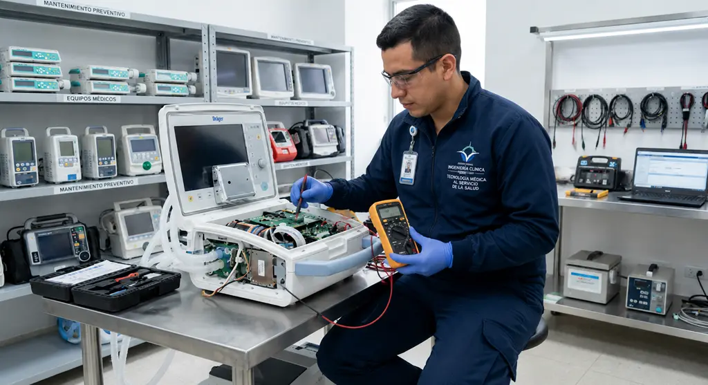 Ingeniero clínico aplicando normas ISO 9001 e ISO 13485 en el mantenimiento de equipos biomédicos.