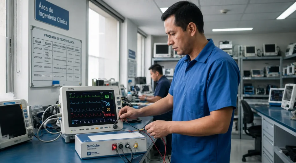 Profesional de ingeniería clínica verifica un monitor de signos vitales dentro del programa de tecnovigilancia para cumplir la tecnovigilancia norma y prevenir eventos adversos