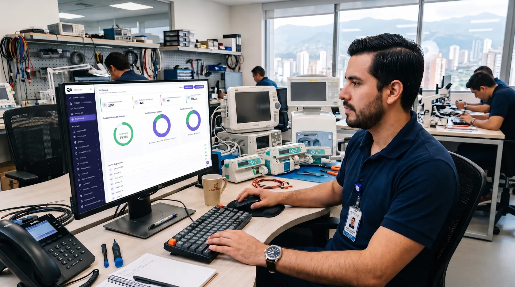 Ingeniero clínico revisa un dashboard QS de mantenimiento para respaldar la comunicación asertiva con el personal médico mediante datos trazables.