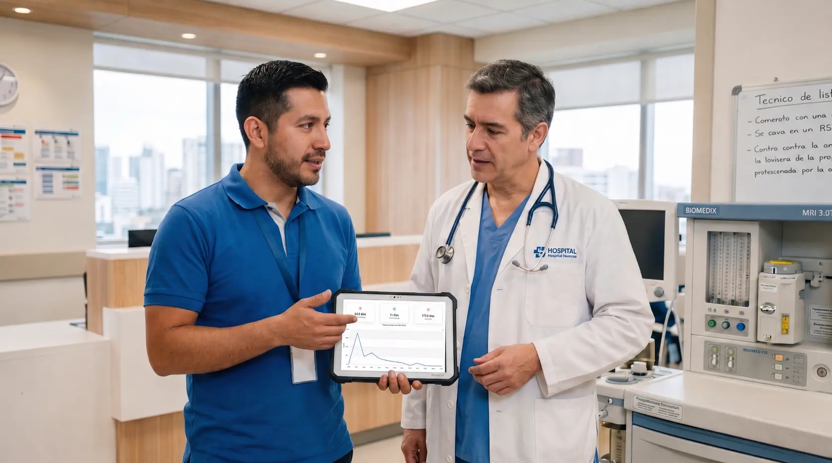 Ingeniero clínico explica indicadores de mantenimiento a un médico como ejemplo de comunicación asertiva con el personal médico.