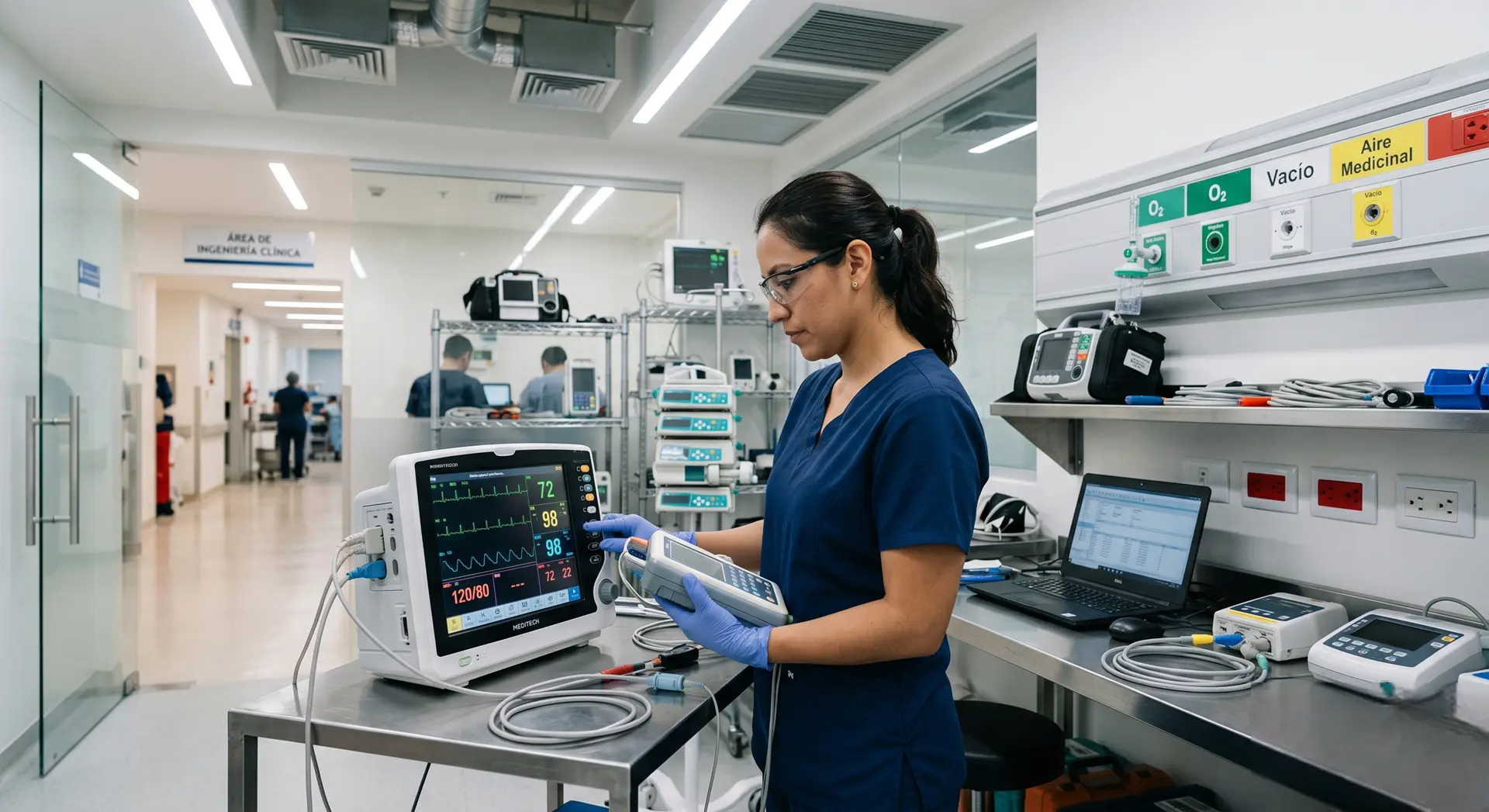 Profesional de ingeniería clínica verifica infraestructura hospitalaria, gases medicinales y equipo biomédico en área técnica.