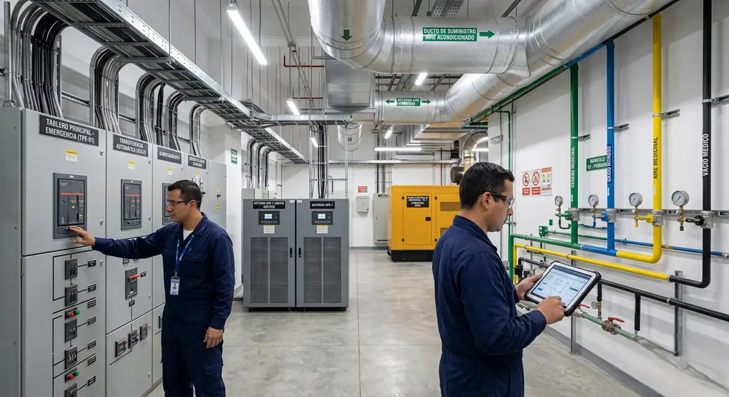 Técnicos verifican infraestructura hospitalaria con sistemas eléctricos, climatización y gases medicinales para equipos biomédicos.
