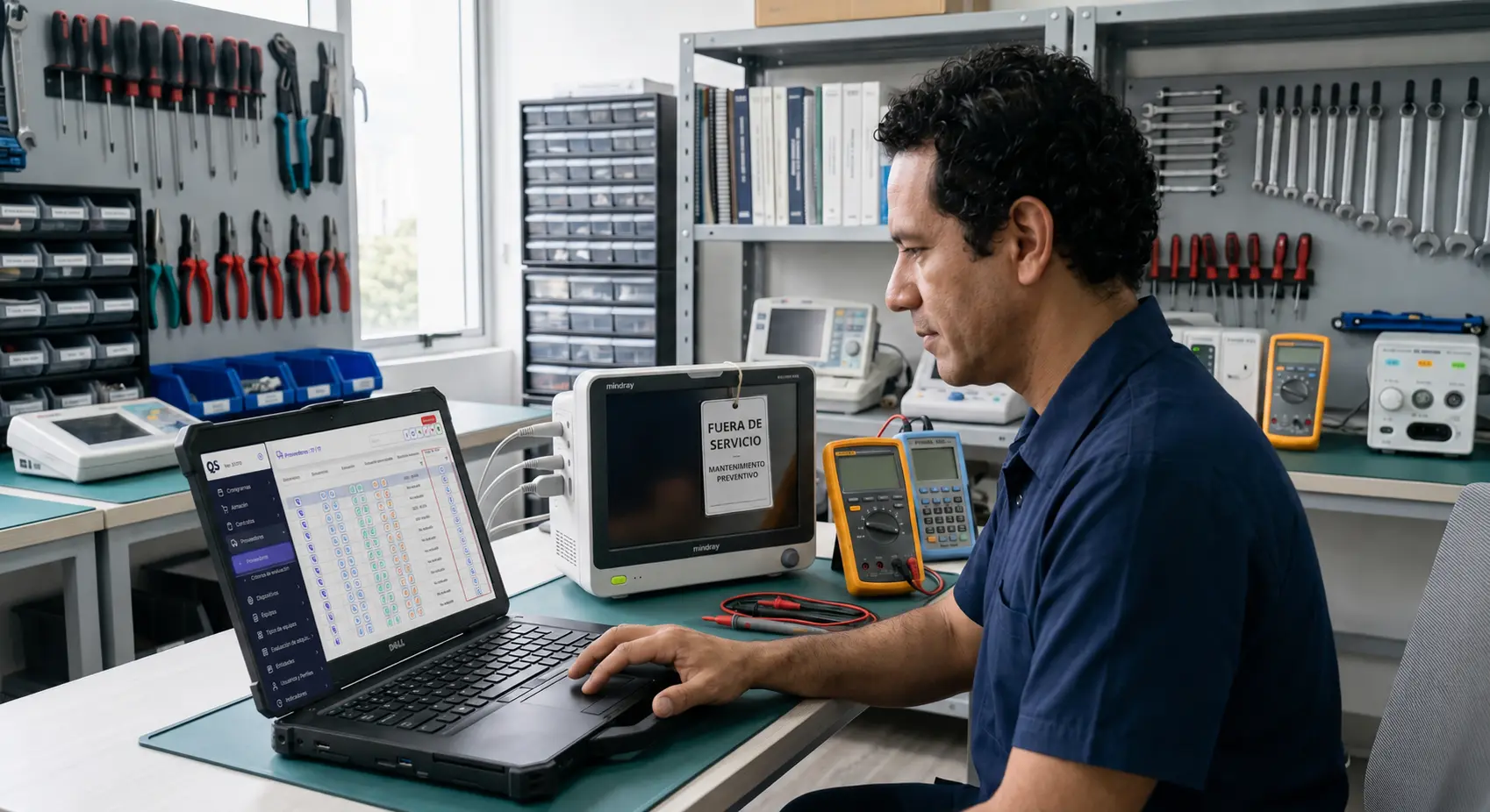Ingeniero clínico gestiona capacitación en equipos biomédicos y mantenimiento preventivo desde una plataforma QS.