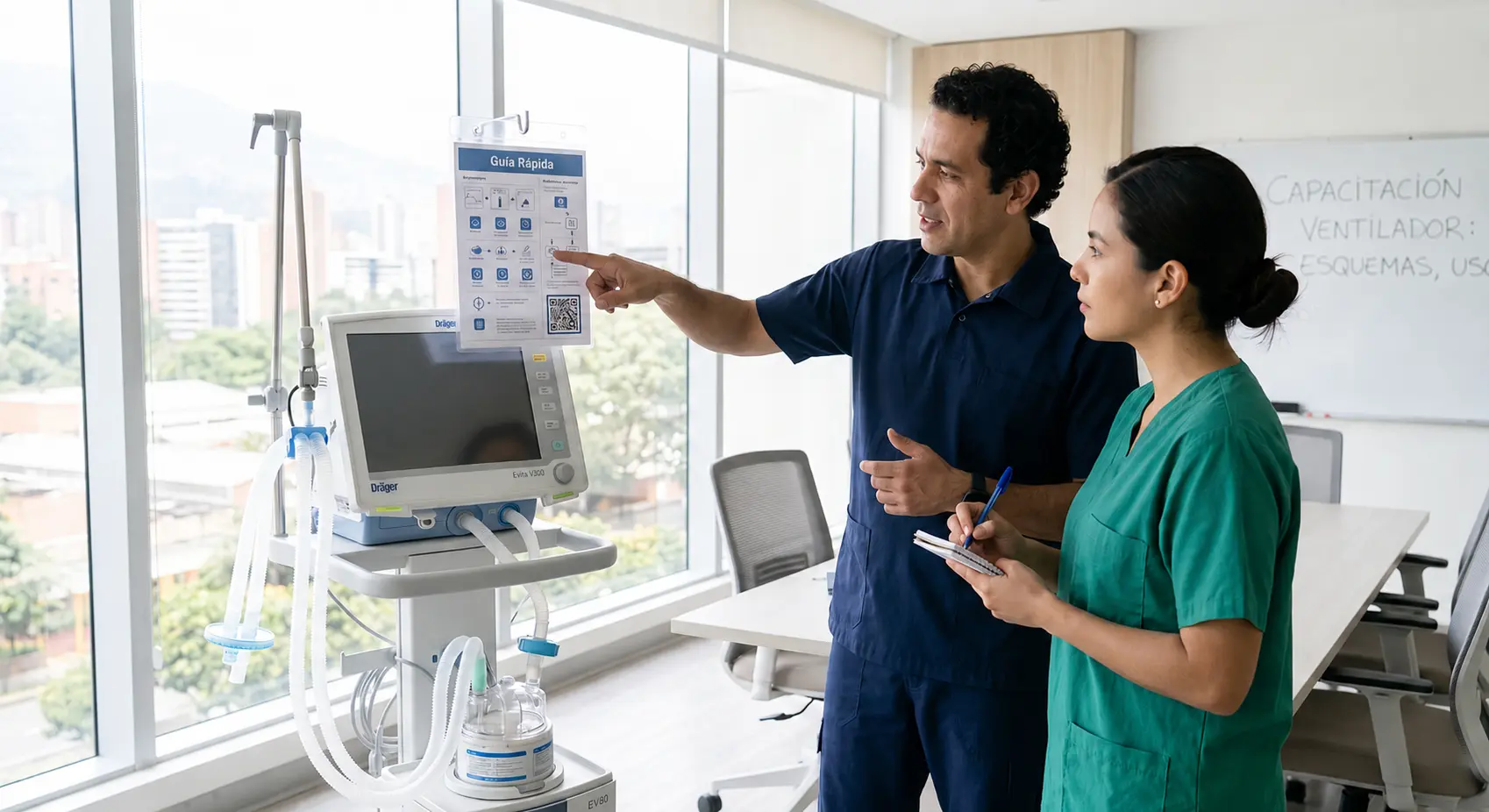 Ingeniero clínico realiza capacitación en equipos biomédicos usando una guía rápida con QR para el manejo seguro de un ventilador.