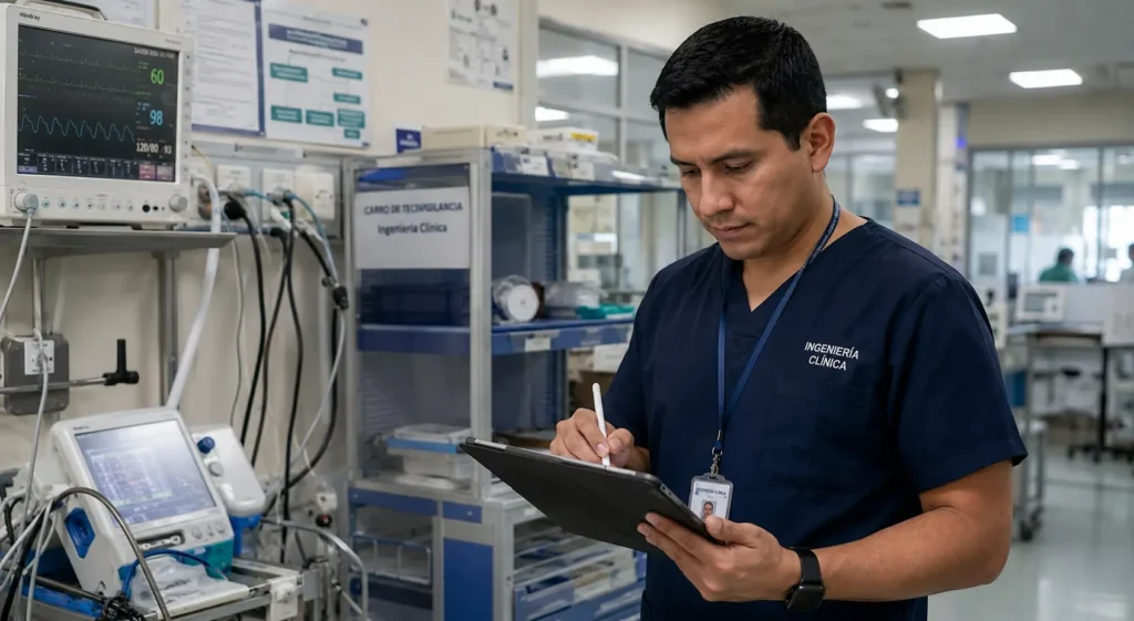 Ingeniero clínico diligencia un reporte de tecnovigilancia en una tablet junto a dispositivos médicos para documentar el evento y conservar su trazabilidad.