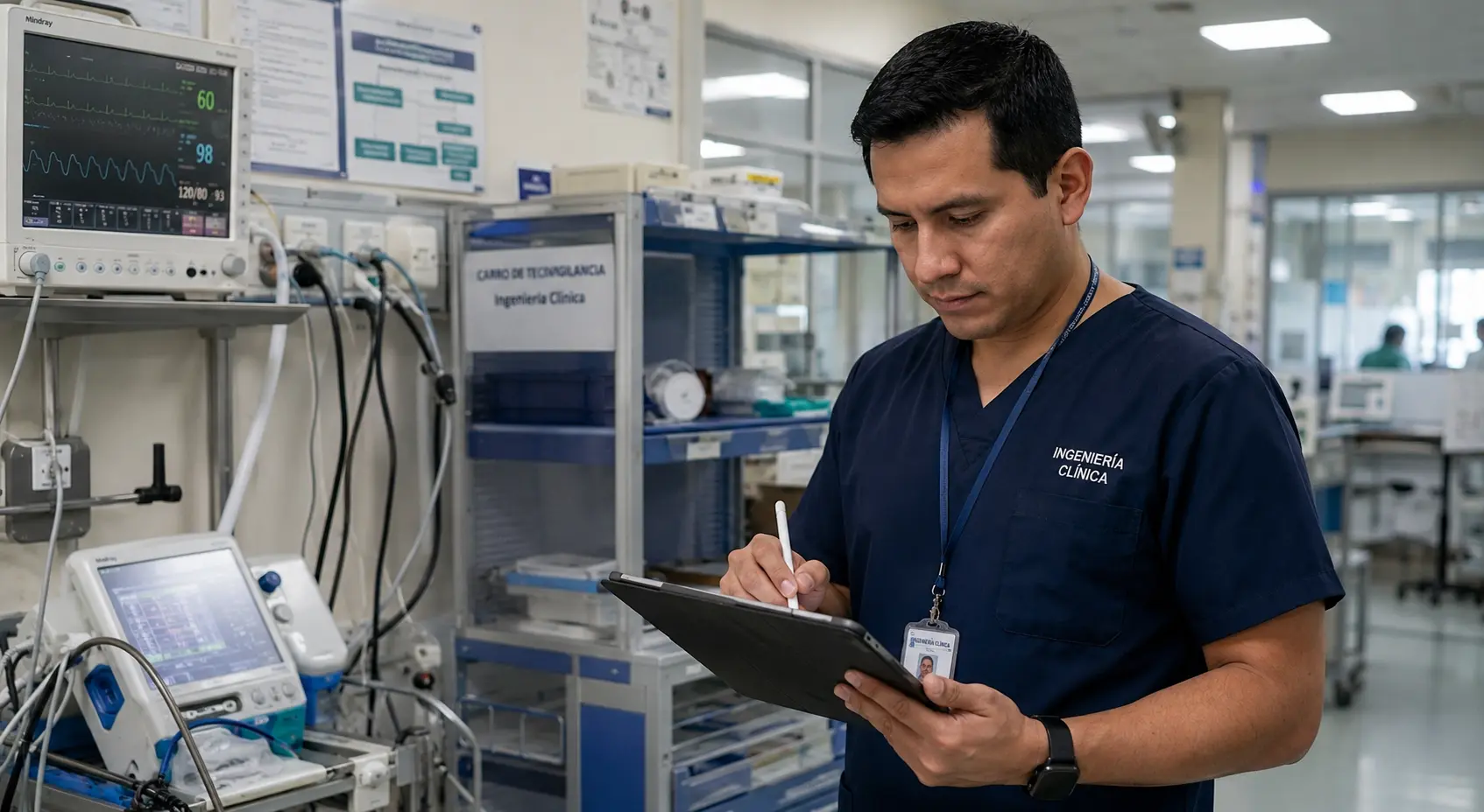 Ingeniero clínico diligencia un reporte de tecnovigilancia en una tablet junto a dispositivos médicos para documentar el evento y conservar su trazabilidad.