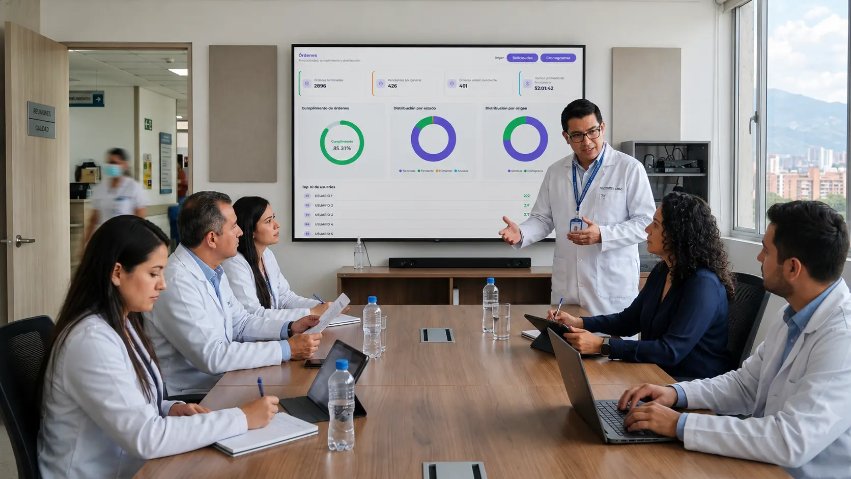 Equipo de ingeniería clínica analiza indicadores de mantenimiento y órdenes de trabajo para fortalecer la tecnovigilancia activa.
