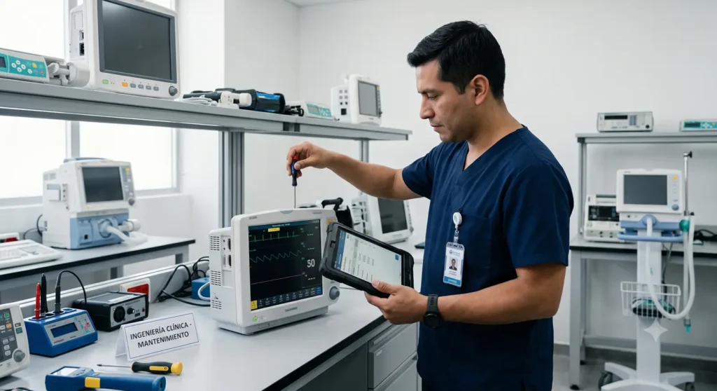 Ingeniero clínico inspecciona un monitor biomédico con una tableta durante una actividad de tecnovigilancia activa en el área de mantenimiento.