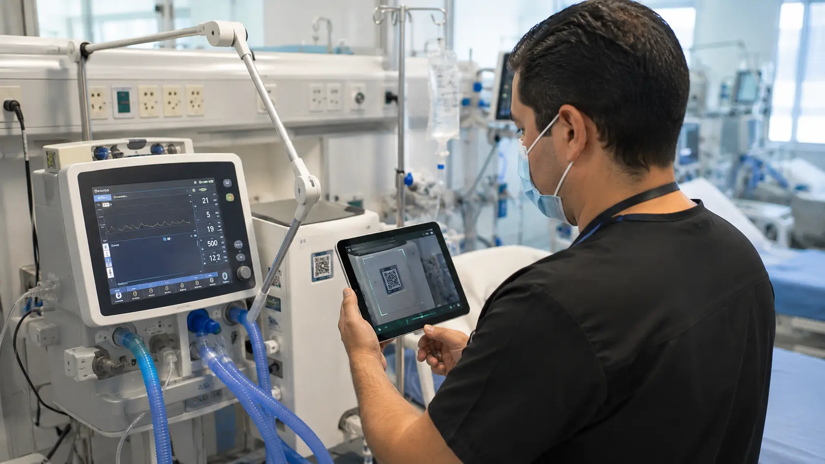 Ingeniero clínico aplica tecnovigilancia activa al escanear el código QR de un ventilador mecánico para consultar su trazabilidad.