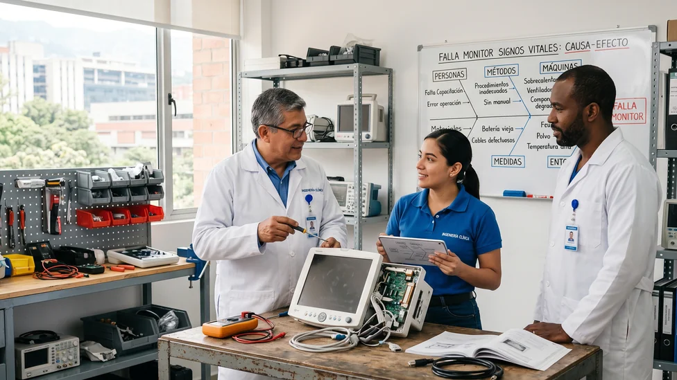 Equipo de ingenieria clinica analizando causa raiz e Ishikawa de falla en monitor de signos vitales