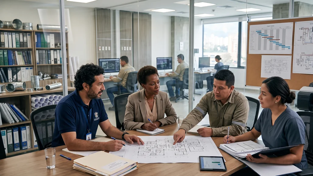 Equipo multidisciplinario planificando resiliencia e infraestructura hospitalaria