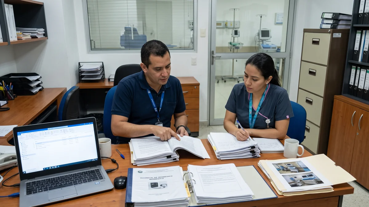 Ingenieros clinicos analizando requisitos de habilitacion y mantenimiento hospitalario