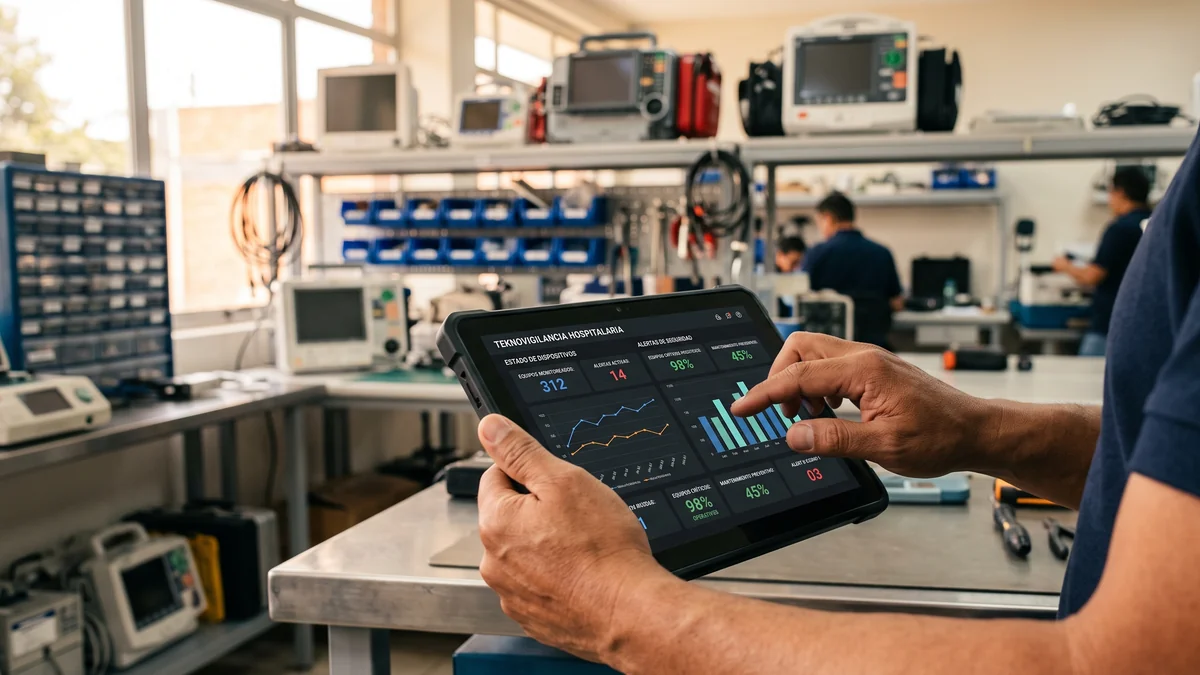 Dashboard de tecnovigilancia hospitalaria y alertas de seguridad en tablet con QS