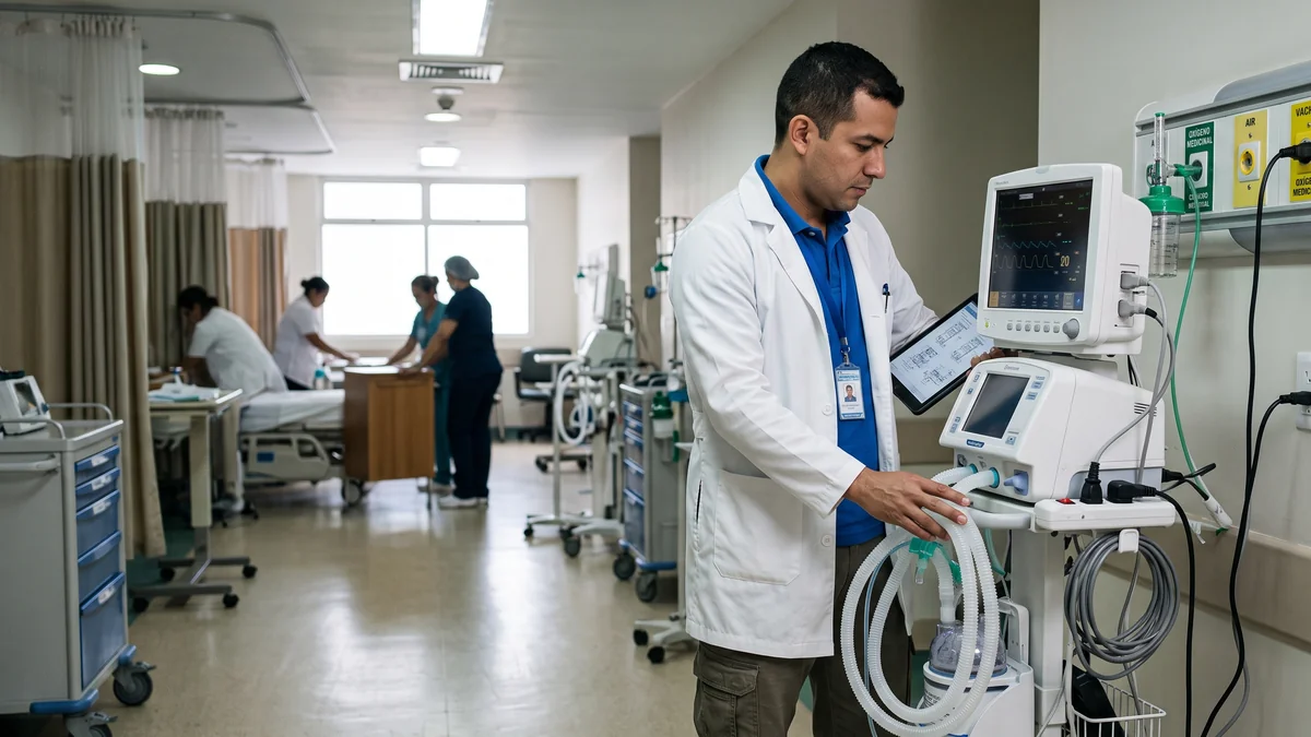 Ingenieros clínicos revisando disponibilidad de ventilador mecánico y torre de infusión