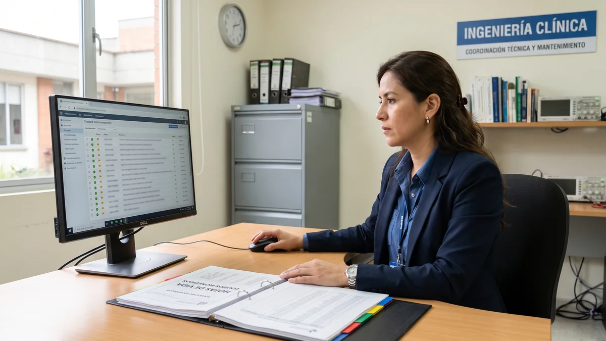 Coordinacion de ingenieria clinica monitoreando hojas de vida e indicadores en software QS